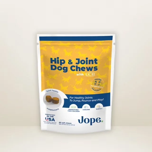 Package of Hip & Joint Dog Chews with UC-II for healthy joints, manufactured in the USA by Jobe.