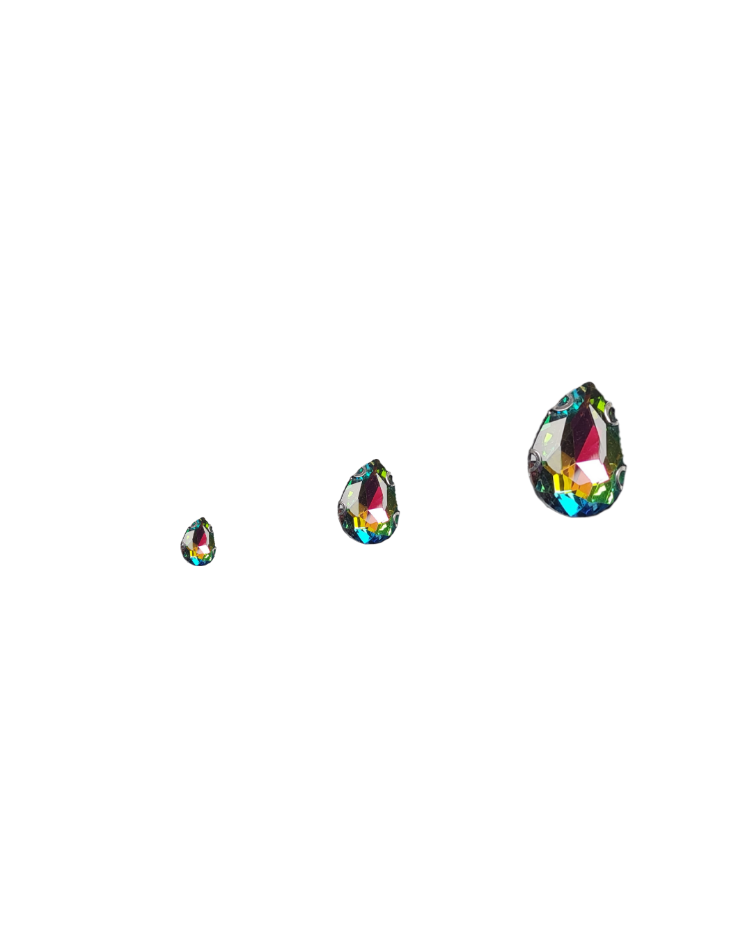Three multicoloured crystals in a tear drop shape, growing bigger in size from left to right.