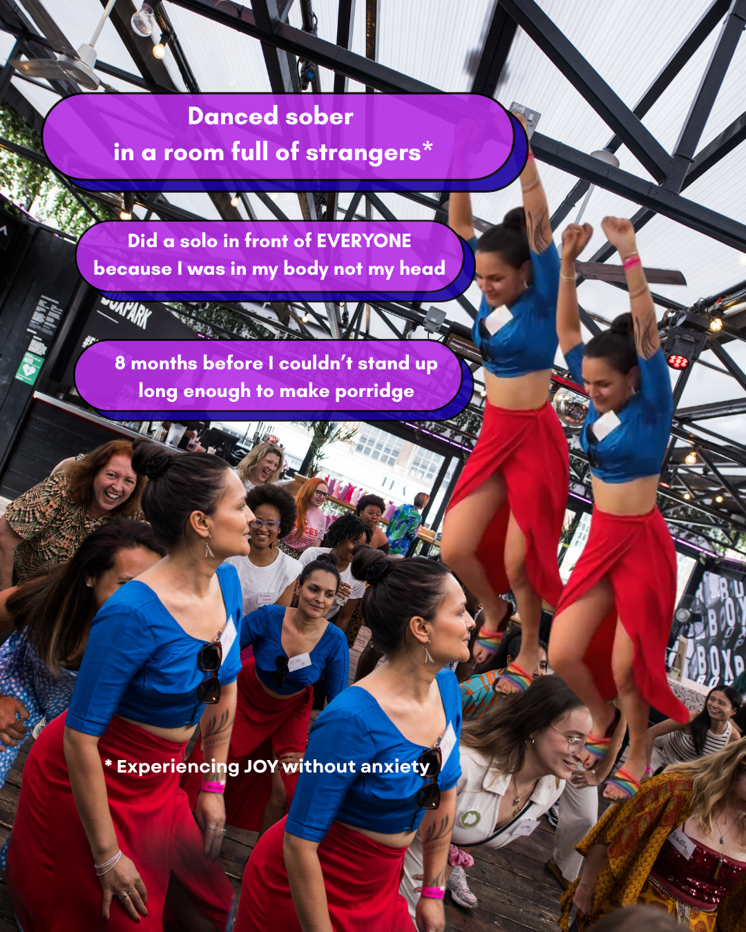 A cut out of Asha fancing wearing a red skirt and blue top appears five times in a room full of women dancing.