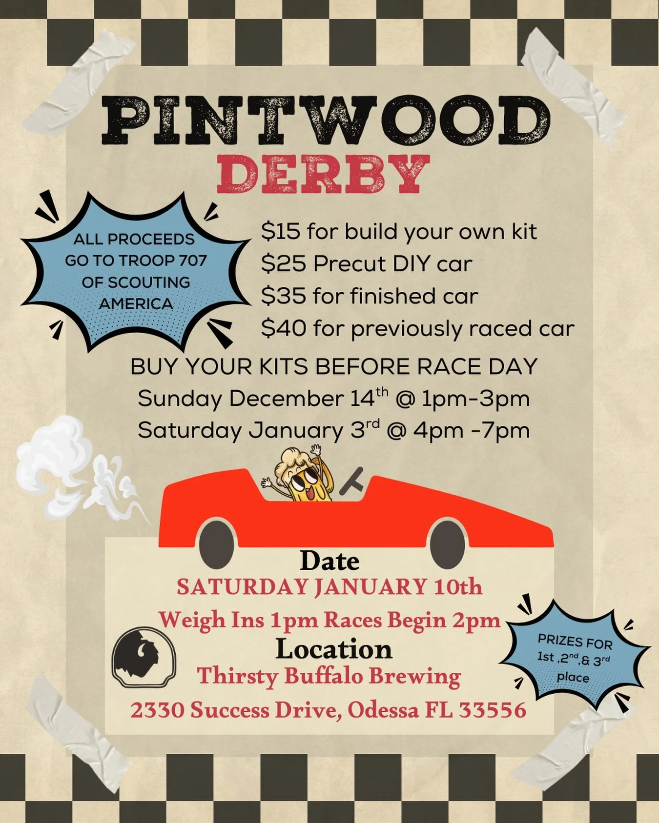 𝑺𝒕𝒂𝒓𝒕 𝒚𝒐𝒖𝒓 𝒆𝒏𝒈𝒊𝒏𝒆𝒔! 𝑻𝒉𝒆 𝑷𝒊𝒏𝒕𝒘𝒐𝒐𝒅 𝑫𝒆𝒓𝒃𝒚 𝒊𝒔 𝒓𝒐𝒍𝒍𝒊𝒏𝒈 𝒊𝒏𝒕𝒐 𝑻𝒉𝒊𝒓𝒔𝒕𝒚 𝑩𝒖𝒇𝒇𝒂𝒍𝒐! 🏎️🔥

Grab your pinewood derby car kit, build your best vehicle, and race for the top spot while sipping on some pints