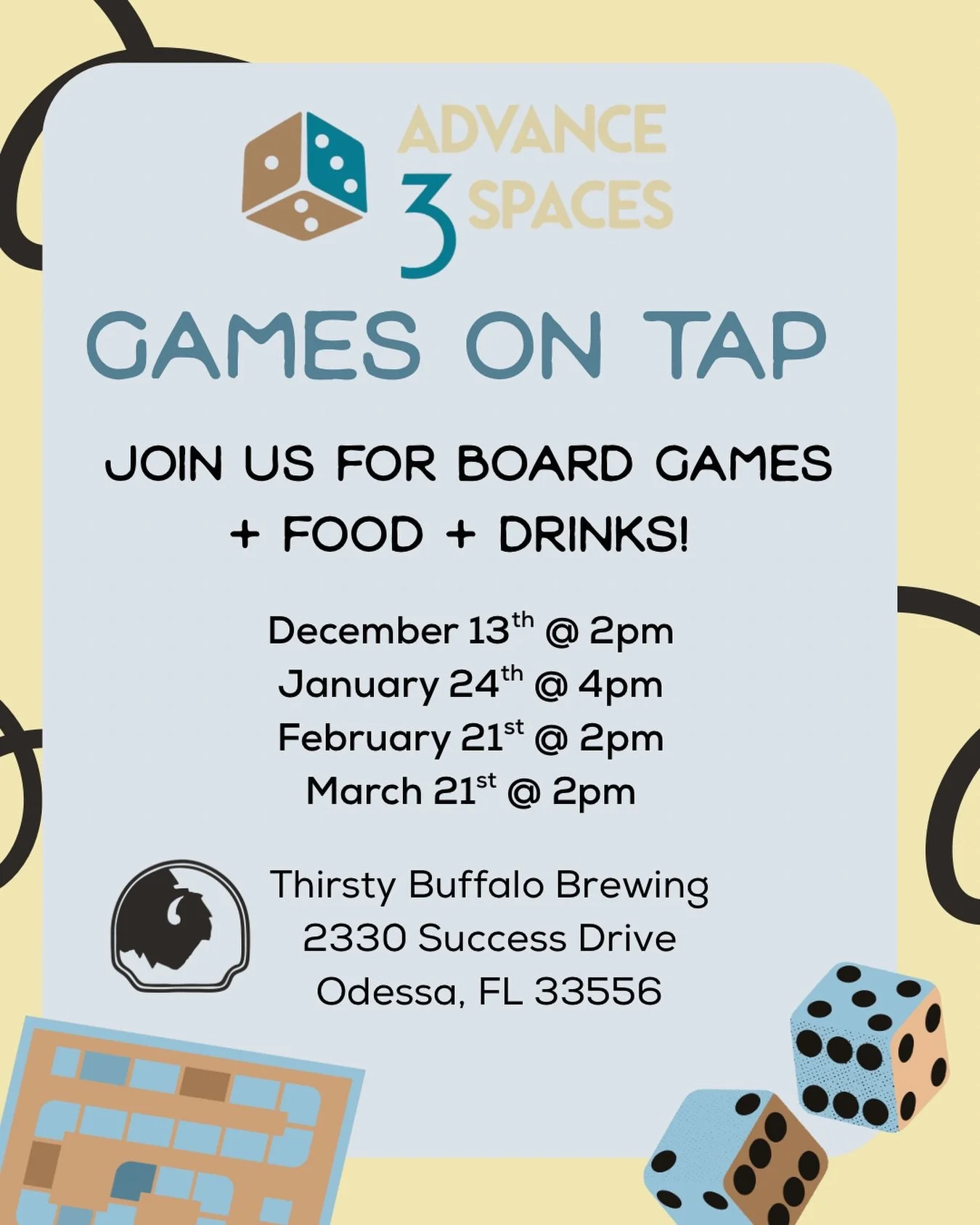 Join us today (12/13) at 2pm for Games on Tap hosted by @advance3spaces! They will provide the games, or you can bring your own! Pair it with some food and drinks and you have your Saturday plans! See you then 😎