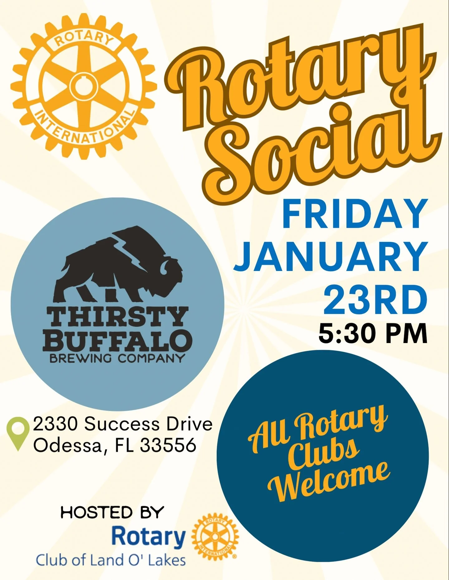‼️Calling all Rotary Club Members! 

The Land O&rsquo; Lakes Rotary club is hosting a social here at Thirsty Buffalo! Any Rotary club member is welcome to join this night of fellowship and connections! See you then 🍻