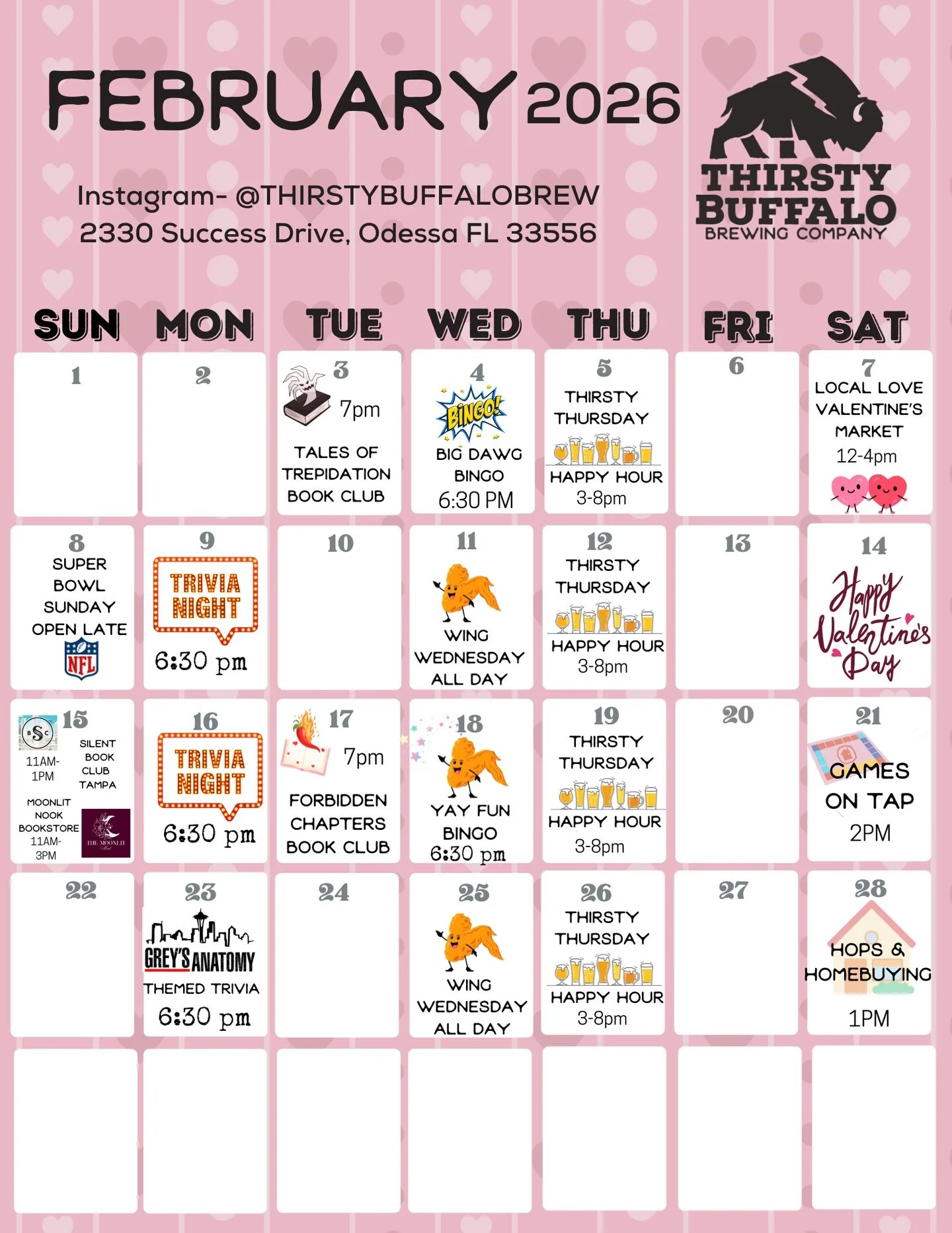 Happy February Thirsty Buffalo Fam 💕

Now that dry January is over, you have no excuses to miss these fun events! From TWO bingos to our Valentines market, to book clubs, and games on tap- we&rsquo;ve got lots of happenings to keep you busy! Tag you