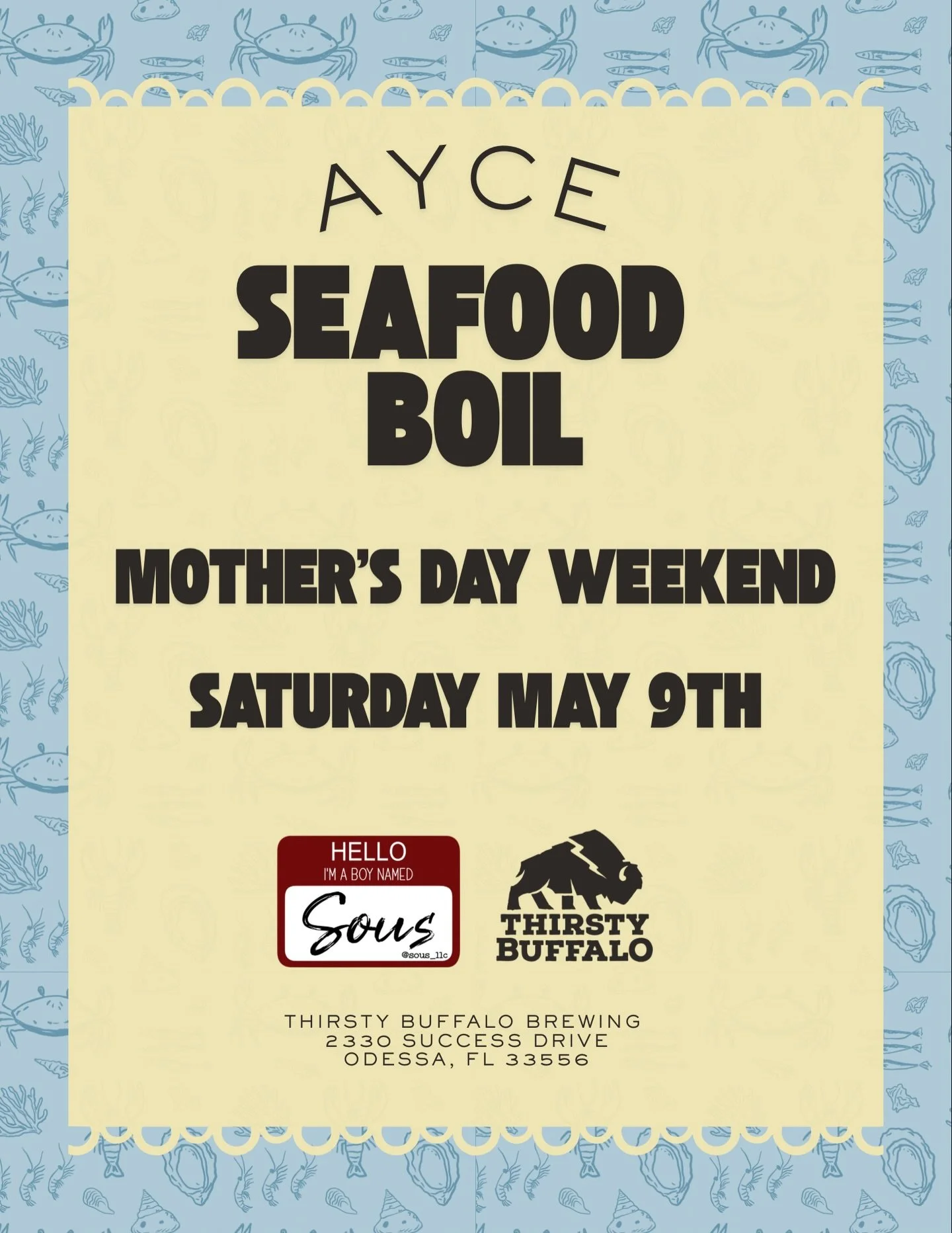 📢🦀 MARK YOUR CALENDARS 🦀📢

Our friends @sous_llc are bringing the flavor for our first-ever seafood boil! Grab your crew, bring mom, or just show up hungry&hellip;because this is ALL YOU CAN EAT!

📅 Saturday, May 9th, 2026
⏰ 2&ndash;4 PM
🎟️ $49