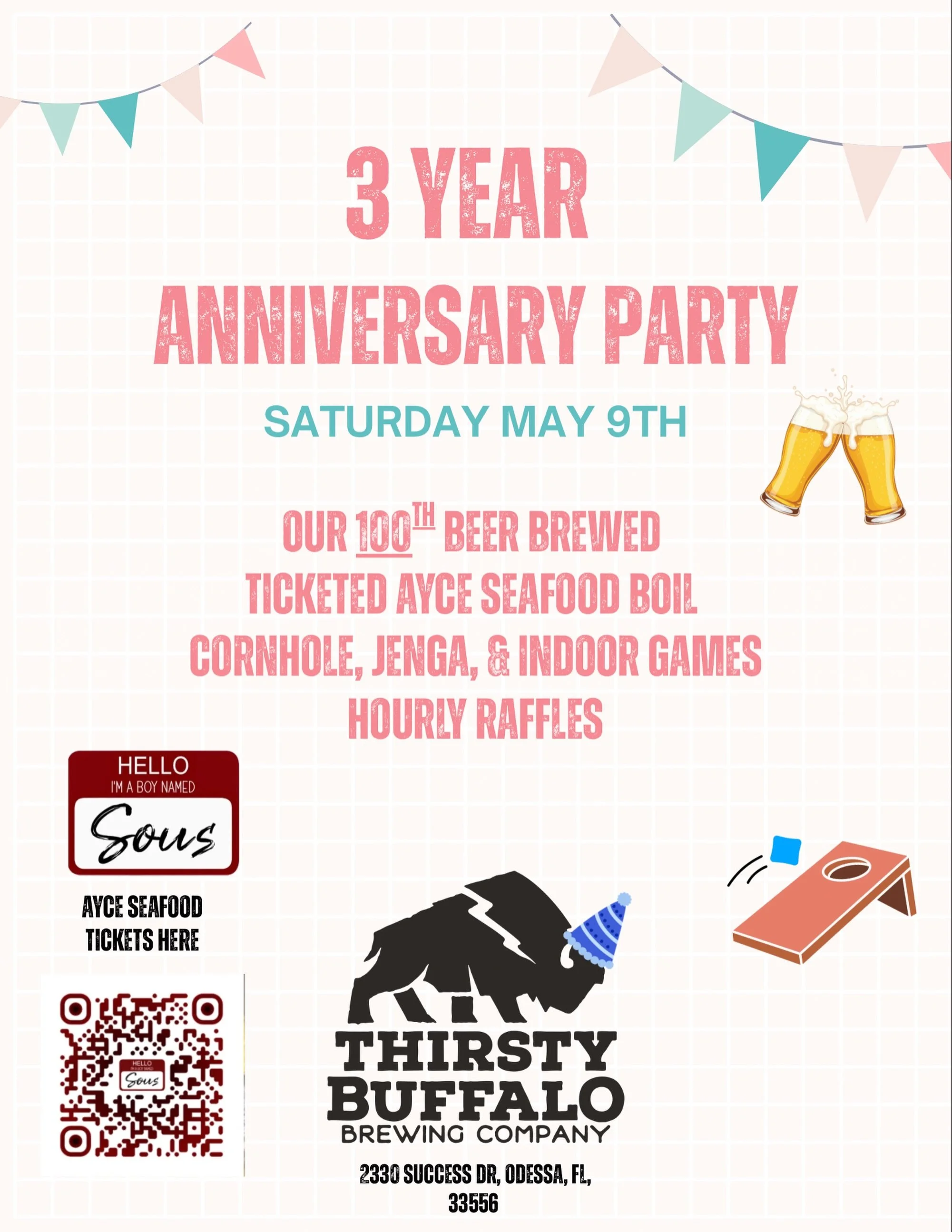 𝑻𝒉𝒊𝒓𝒔𝒕𝒚 𝑩𝒖𝒇𝒇𝒂𝒍𝒐 𝒊𝒔 𝒕𝒖𝒓𝒏𝒊𝒏𝒈 𝟑 🎉

Join us all day on Saturday, May 9th for our celebratory party! 

🍻11AM Our 100th beer brewed at this location! Try our new hazy double IPA!
🎟️ 1-7PM Raffles every hour from for a chance to p