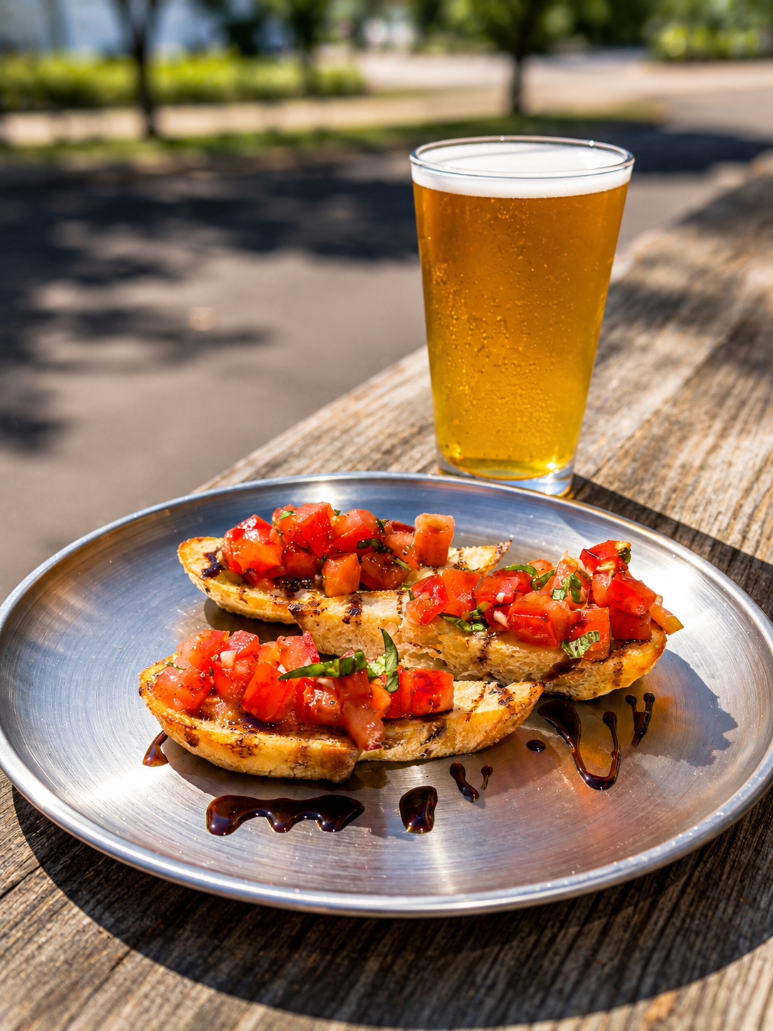 Tomato bruschetta appetizer and craft beer served at Thirsty Buffalo Brewing Company in Odessa, Florida