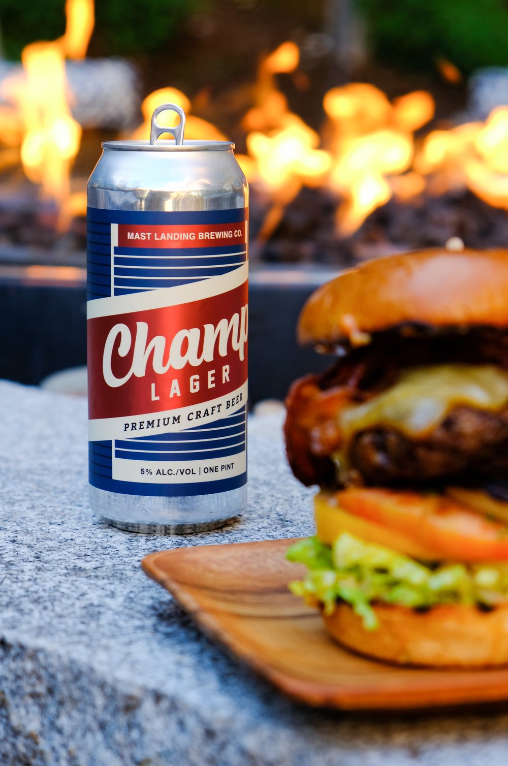 can of champ lager and food 