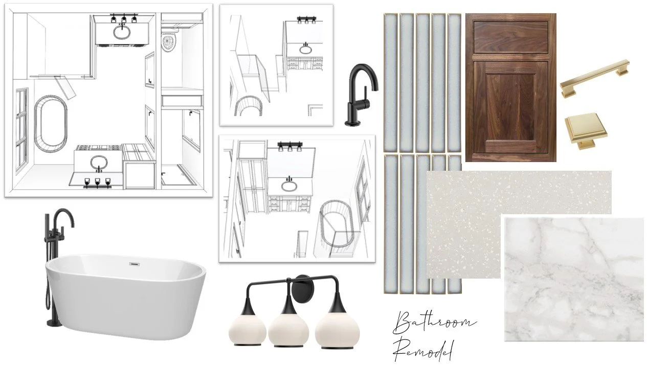 Moodboard for a transitional primary bathroom that shows 3D renderings, plumbing fixtures, light fixtures, cabinetry, tile, and countertops