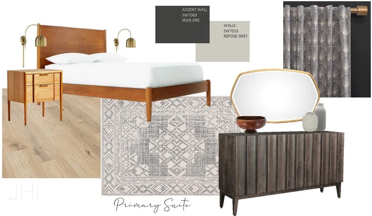Interior Design moodboard for a primary bedroom featuring paint colors, window treatments, light fixtures, flooring, and furniture