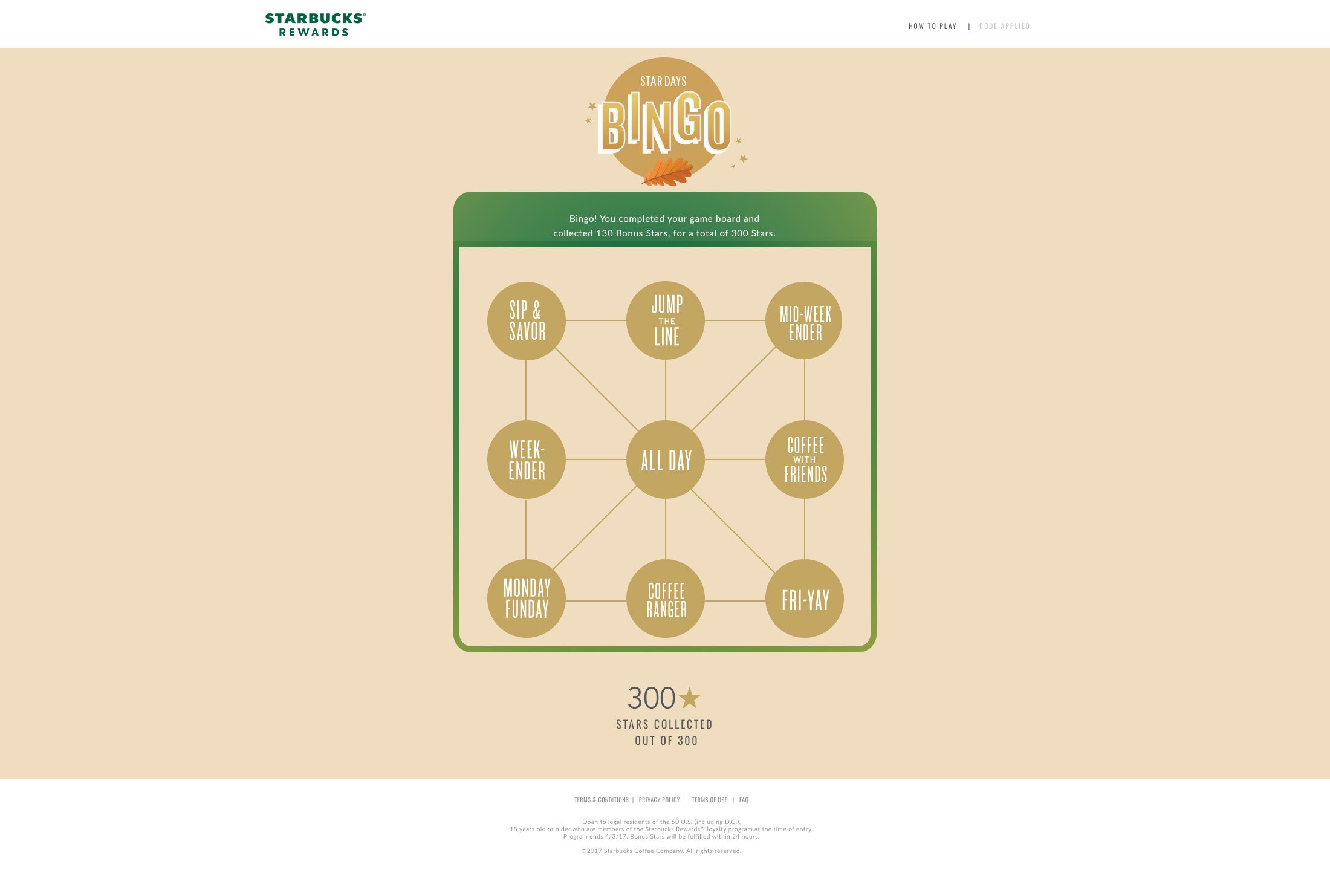 300 stars indicates that the bingo card is fully complete