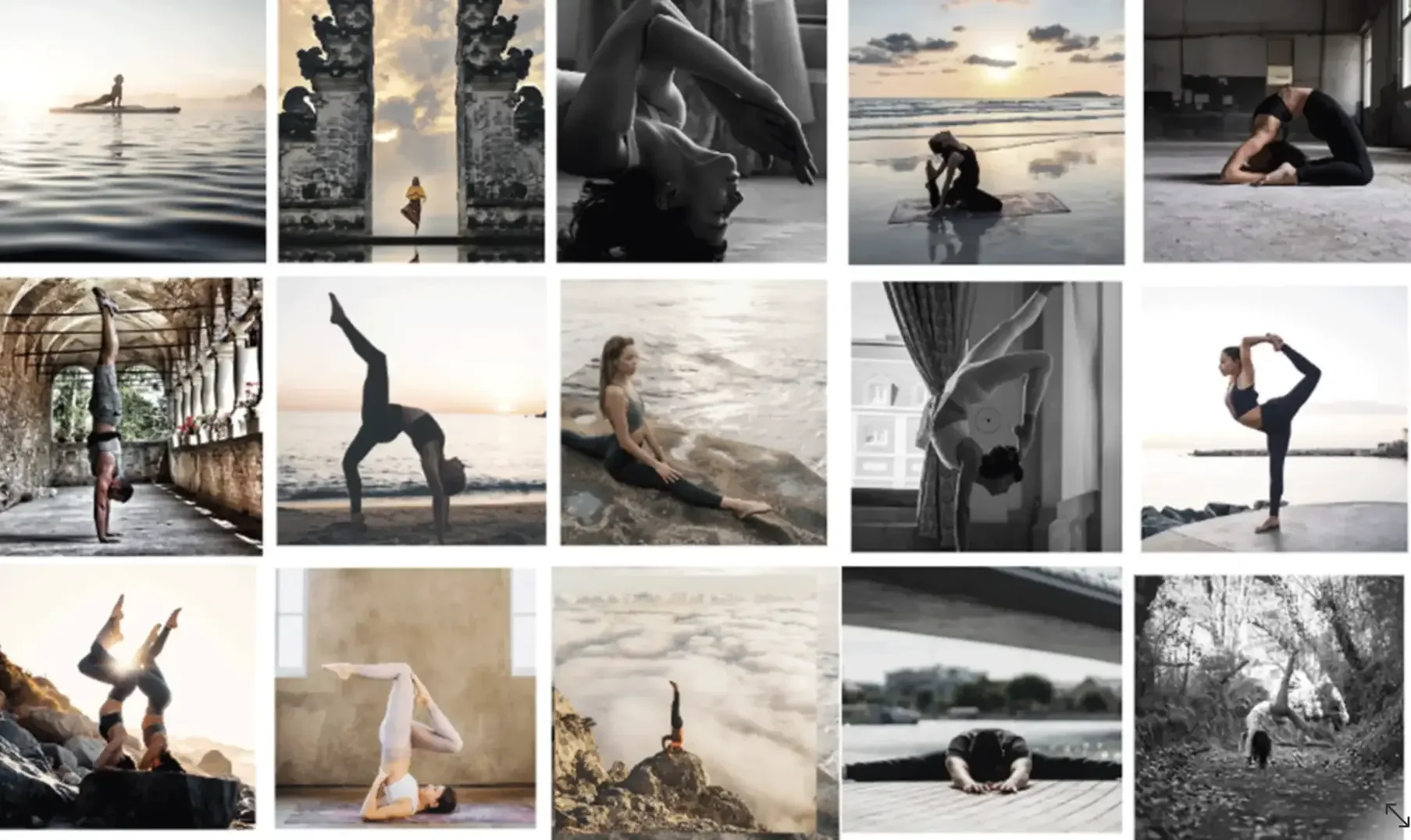 Collection of images featuring yoga poses, meditation, and outdoor scenes at sunrise and sunset.