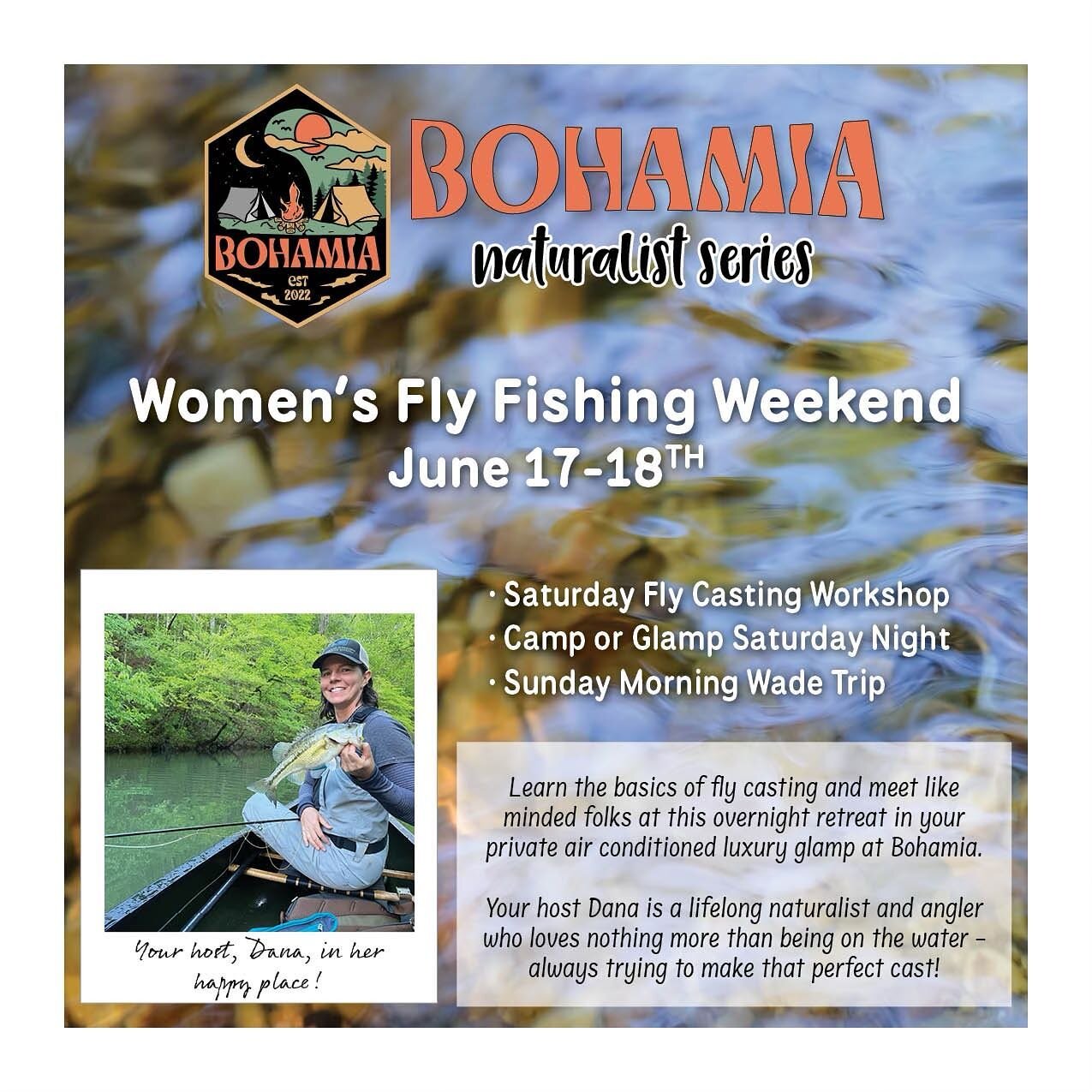 Excited to kick off the Bohamia Naturalist Series with our Women&rsquo;s Fly Fishing Weekend hosted by @fishinyogini  Learn the basics of fly casting with new friends while enjoying the wilderness of Bohamia. Casting instruction Saturday, overnight c