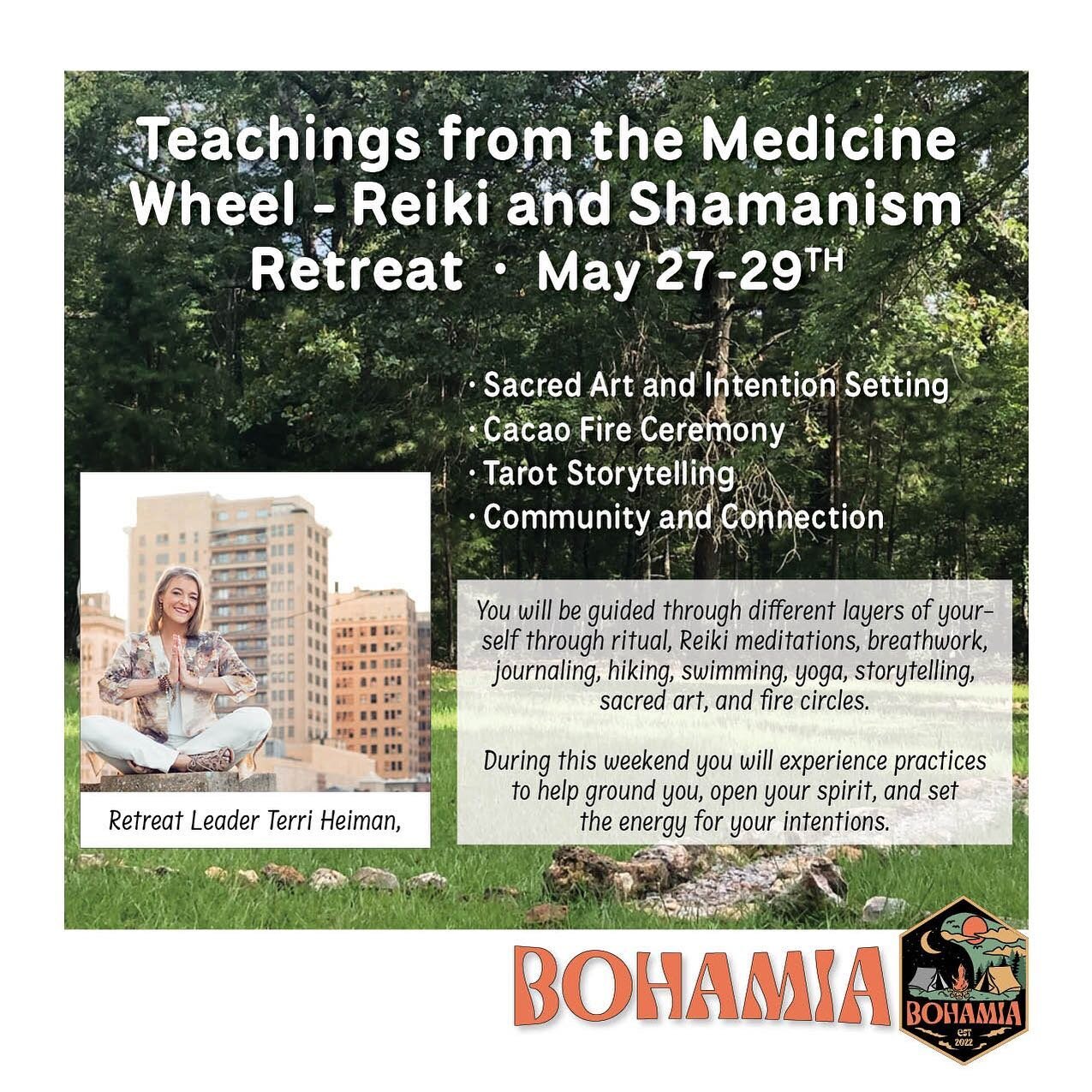 Join Terri Heiman at @land_of_bohamia May 27-29 for &ldquo;Teachings from the Medicine Wheel&rdquo; - an immersive weekend retreat of reiki, shamanism, and intention setting. All glamping spots are booked but we still have nearby RV and camp options 
