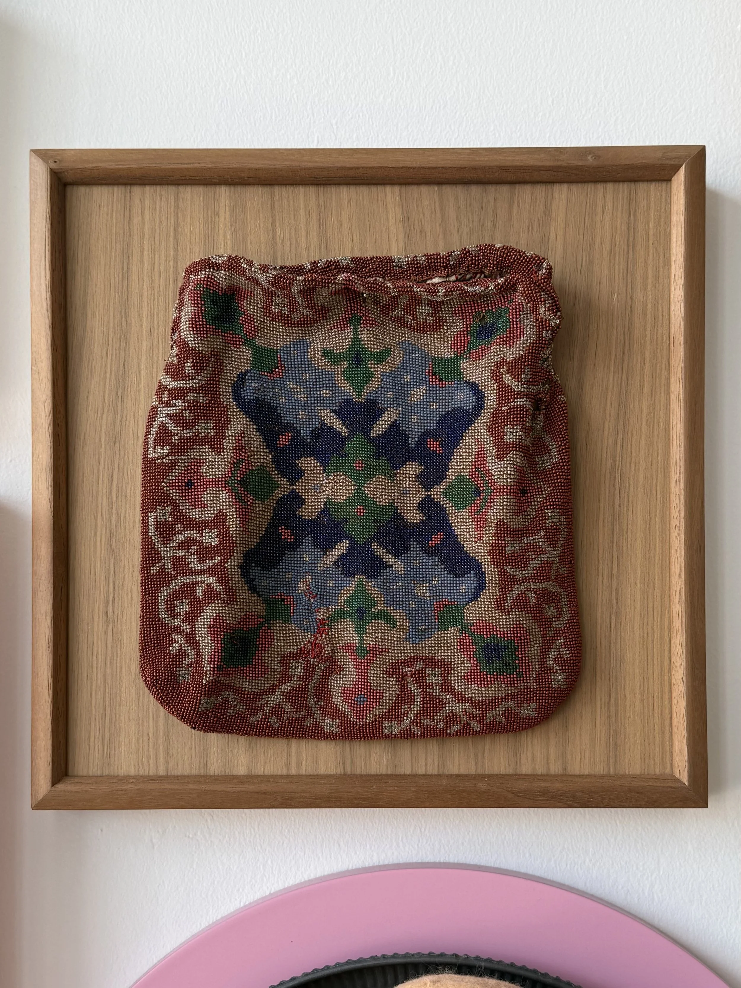 Unknown
Antique Beaded Purse
Silk, Glass Beads, Thread
Walnut Plywood and Walnut Bevel Top Frame
NFS
