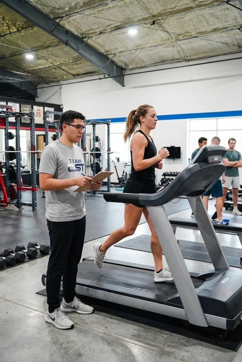 Patient undergoing running gait analysis at a sports physical therapy clinic in Tomball