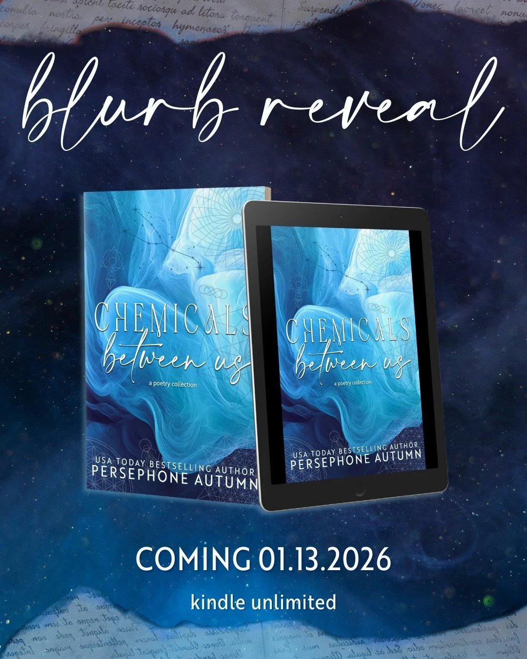 🌀 CHEMICALS BETWEEN US BLURB REVEAL 🌀

Poetry blurbs are significantly shorter than novel synopsis. But I'm excited to gift you with the CBU blurb 🤩

During the most significant years of my life,
you were mine
and nothing else mattered.

🌀 Preord