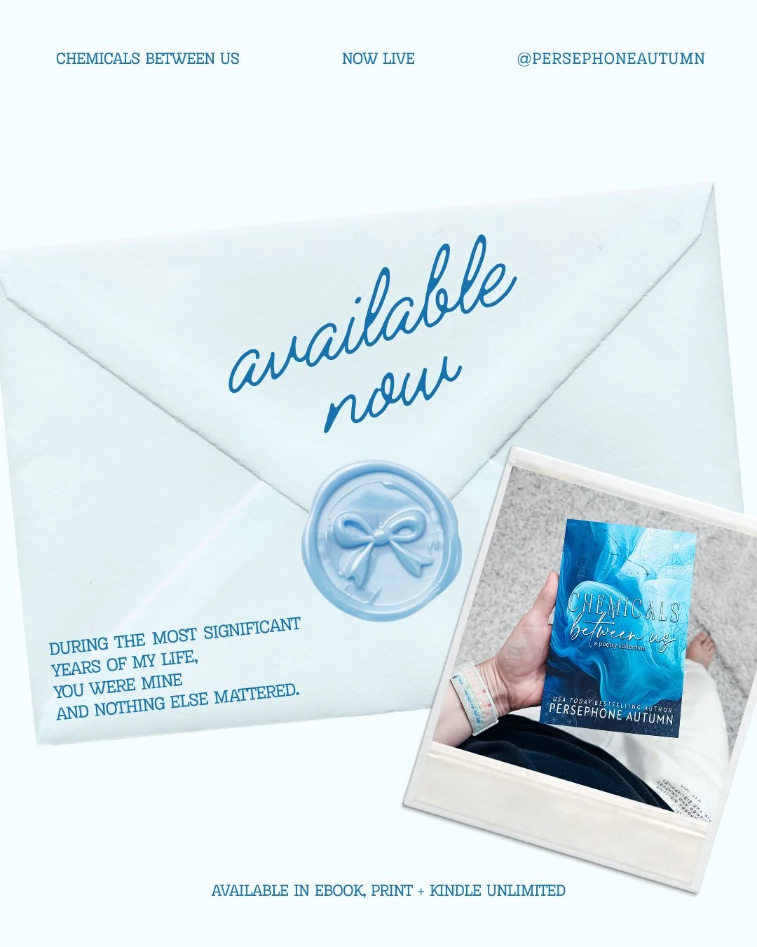 💙🩵 Chemicals Between Us is available now 🩵💙

It's interesting,
the small but big moments you remember.

Read Chemicals Between Us in ebook, print, and Kindle Unlimited!
💙 https://books2read.com/CBUpoetry
🩵 Signed paperback: https://payhip.com/b