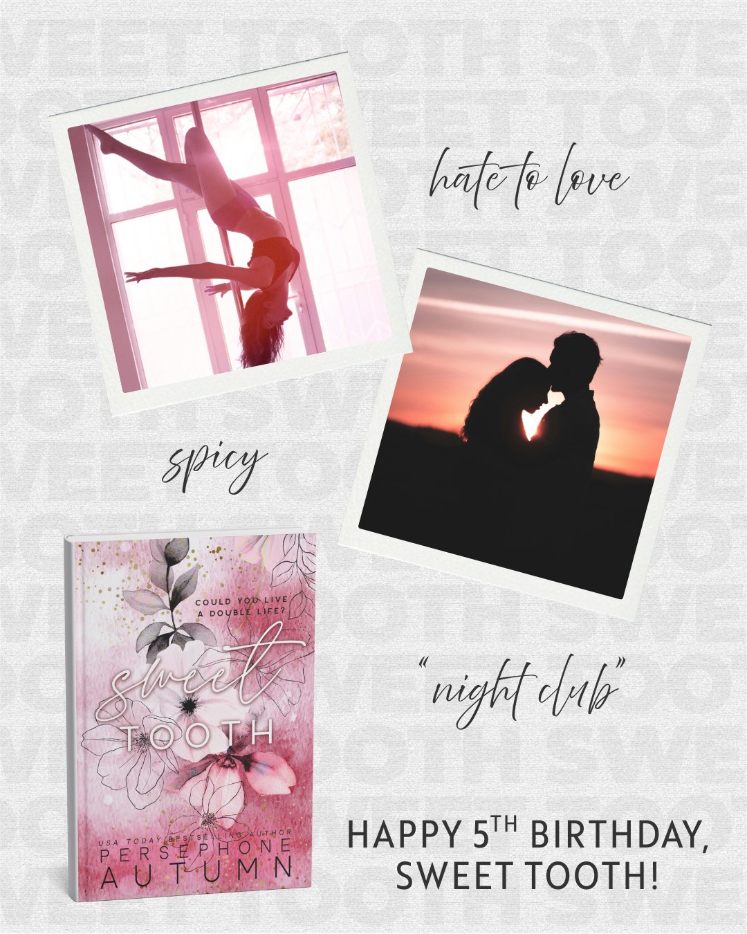 🌸 HAPPY 5TH BOOK BIRTHDAY, SWEET TOOTH 🌸

Today, this spicy gem of a standalone is 5 years old 🫢

Did you know this story sparked from a woman I met? Yep. At the time, she was in the area to attend a str!pper convention. We talked a while, and I w