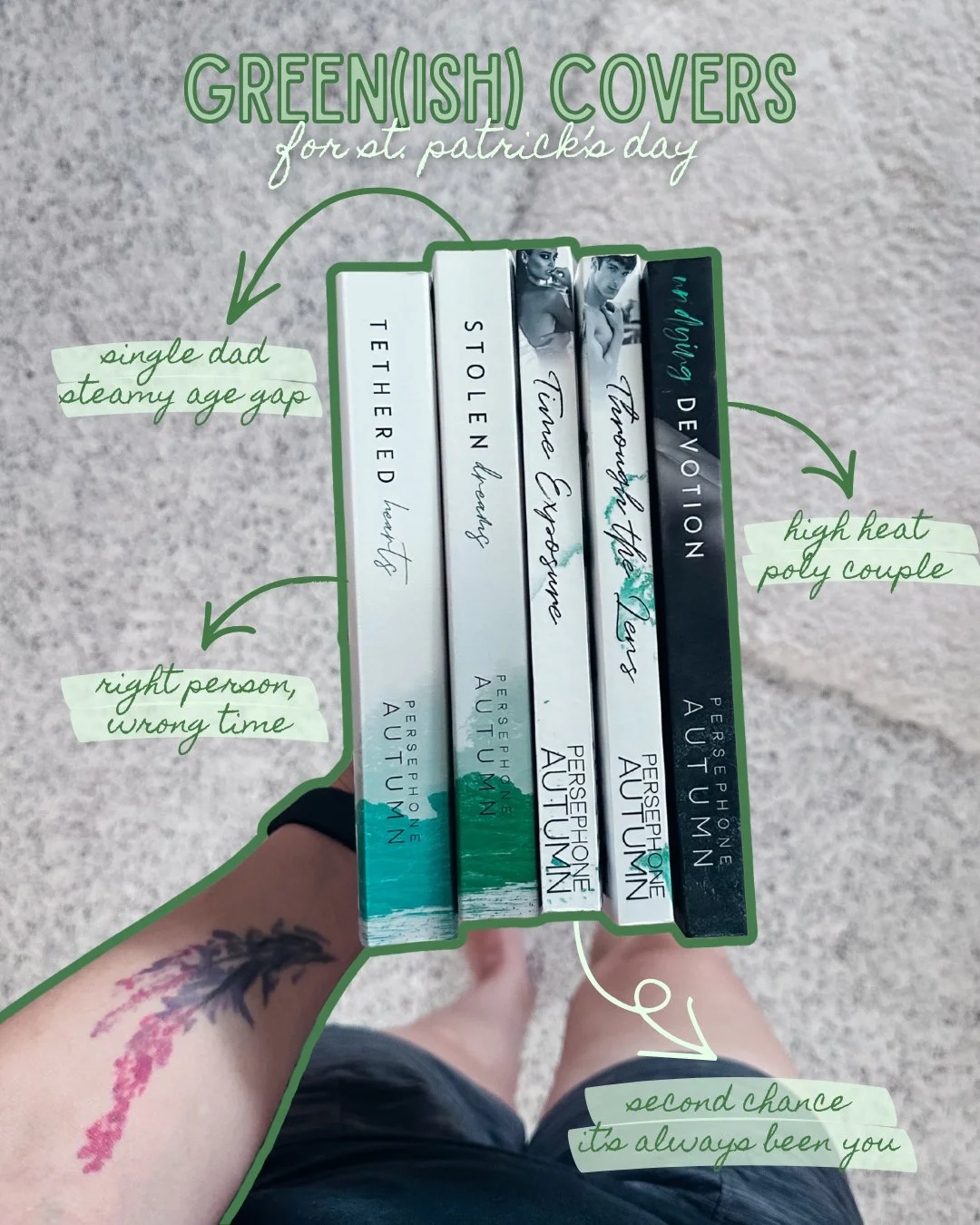 Don't get pinched today 🍀

Here are my green(ish) covers 💚 Have you read them? Do you have a favorite?

Read them in ebook, print, KU, Libby &amp; Hoopla!