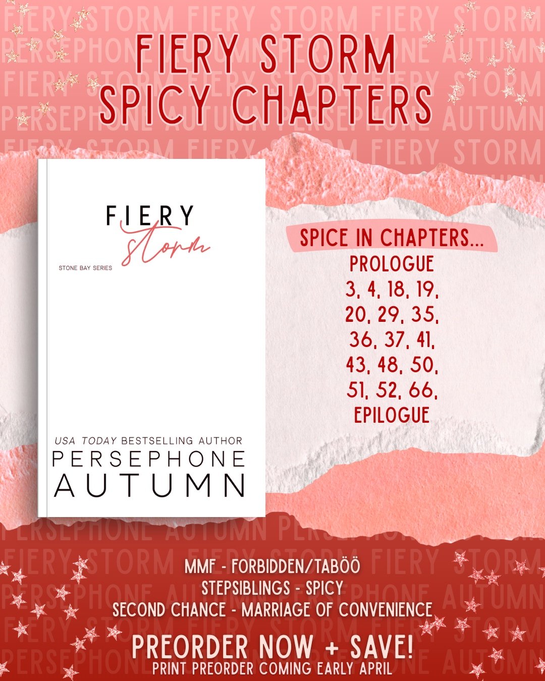 🔥 Fiery Storm spicy chapters reveal 🔥

Including the bonus content, Fiery Storm has 69 chapters 😏 Of those, eighteen are spicy 🌶️ That's approximately 26% 🤭

The chapters with spice: Prologue, 3, 4, 18, 19, 20, 29, 35, 36, 37, 41, 43, 48, 50, 51