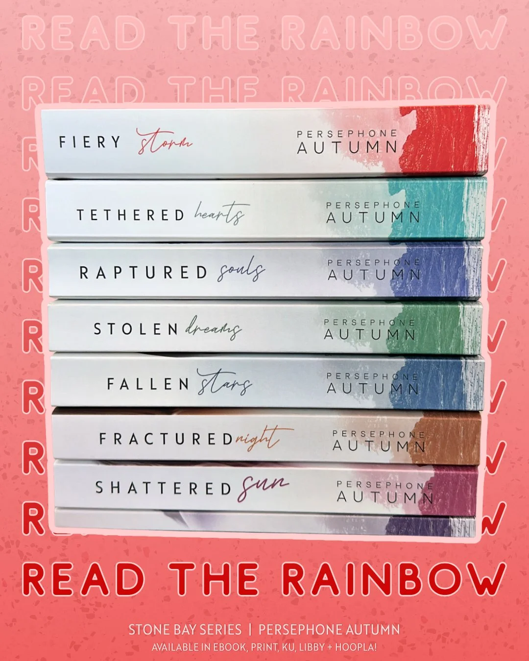 All we're missing in yellow... 👀

Maybe there will be a yellow Stone Bay book in the future (read the acknowledgments in the back of Fiery Storm) 💛 But after Fiery Storm, I am taking a break from the Stone Bay world.

🌈 Read the Stone Bay rainbow 
