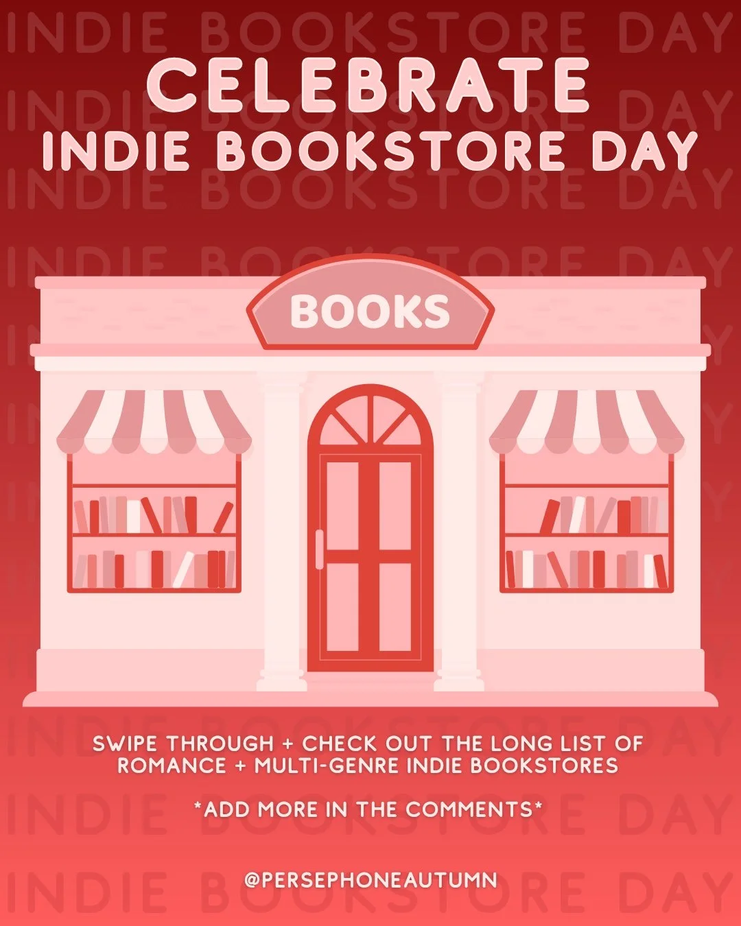 ❤️🩷 CELEBRATE INDIE BOOKSTORE DAY 🩷❤️

I scoured the internet to make a list of romance + multi-genre indie bookstores. Thankfully, I found a couple links that had several compiled.

This is nowhere near all the romance or multi-genre indie booksto