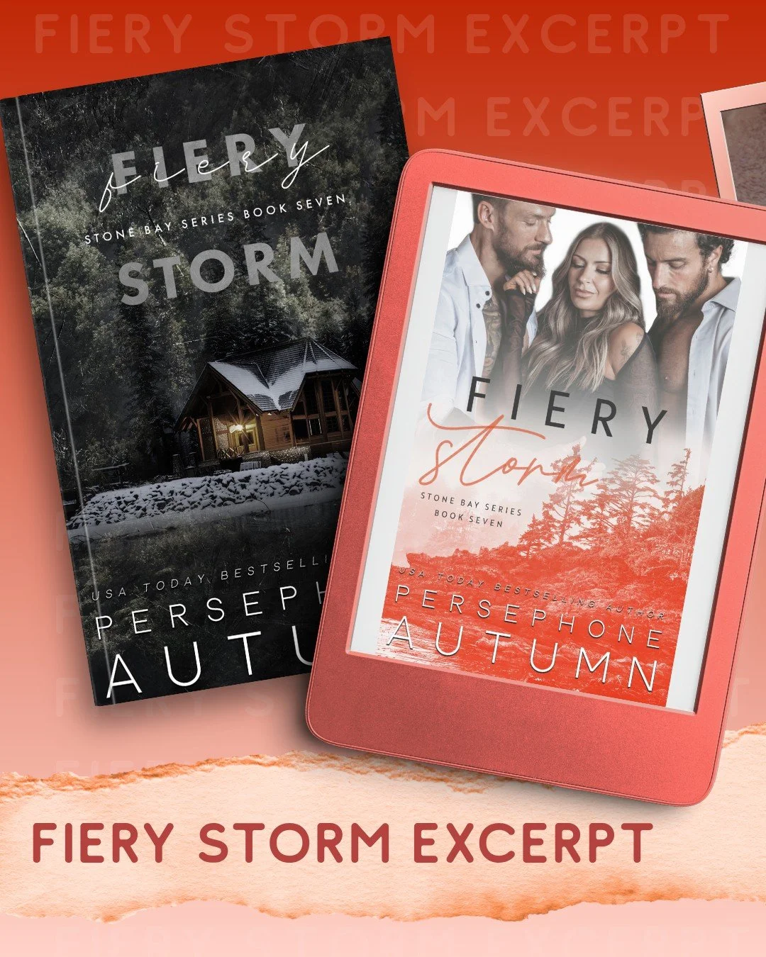 🔥 FIERY STORM EXCERPT 🔥

As his legs bump the mattress, he fists my shirt and furiously yanks the cotton up my torso. The kiss breaks long enough to tug off my shirt and his. My lips dance over his for one, two, three strokes before I kiss a path a