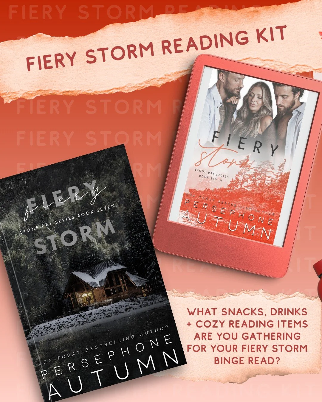 What's in your Fiery Storm reading kit?

Be sure to include:
- hydration
- snacks
- a fan
- annotation supplies
- cozy reading blanket
- e-reader or print book

Are you ready? Fiery Storm is only 2 days away!
❤️&zwj;🔥 Fiery Storm: https://books2read