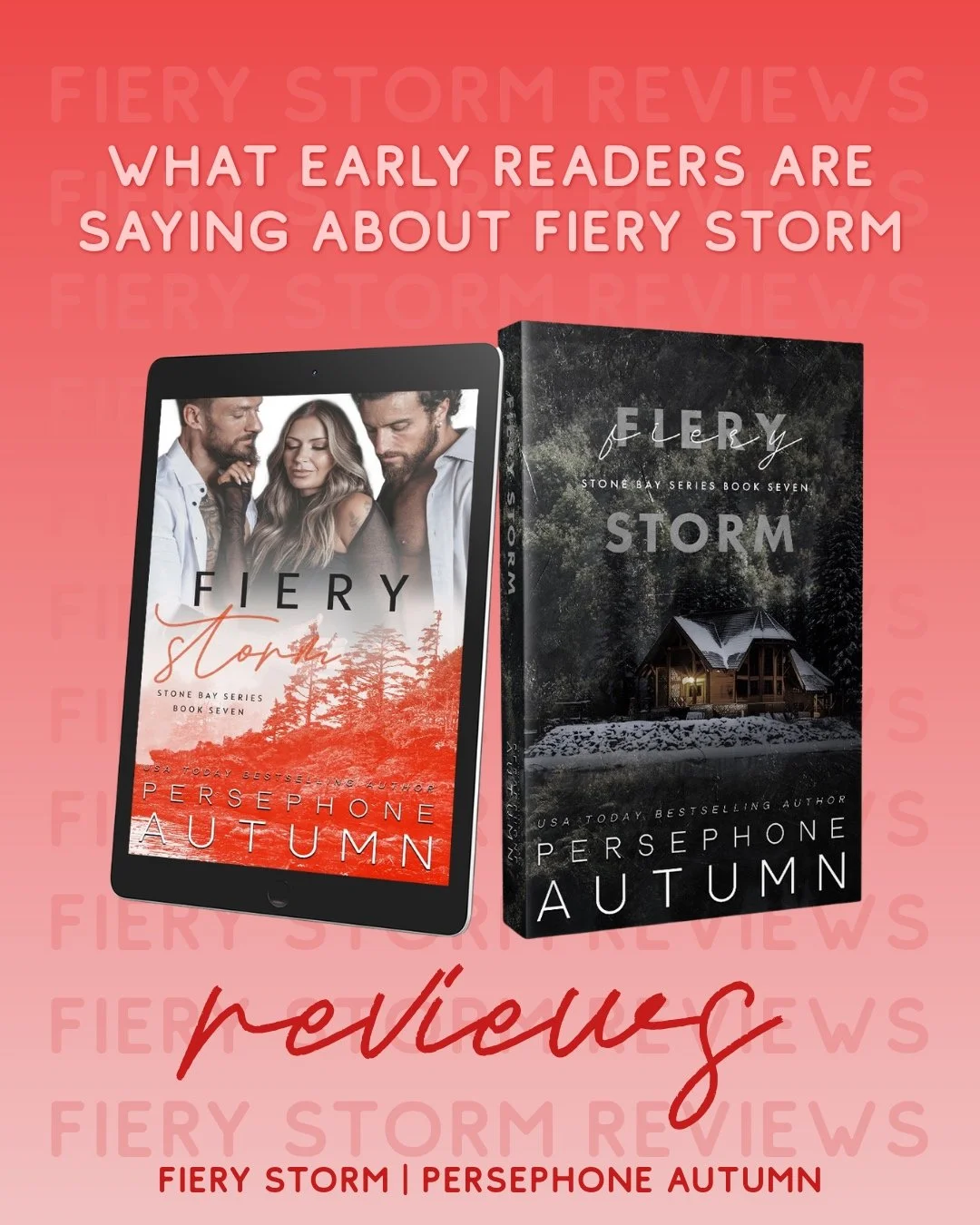 Fiery Storm reviews are popping up and making my heart soar!

I want to take a moment to thank the early readers of Fiery Storm. Being an author isn't the easiest career, but readers who choose our books make the hundreds of hours of work on each sto