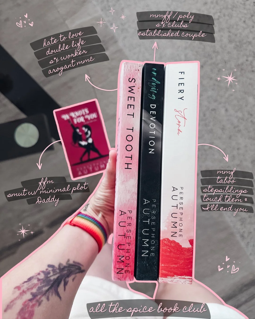 🫦 all the spice 🫦

Looking for your next spicy read?
May I present my smuttiest romances 💁🏻&zwj;♀️
❤️&zwj;🔥 Fiery Storm
🩵 Undying Devotion
🩷 Sweet Tooth
❤️ In Knot For You

All except IKFY are available in KU! IKFY is only in my online shop (i