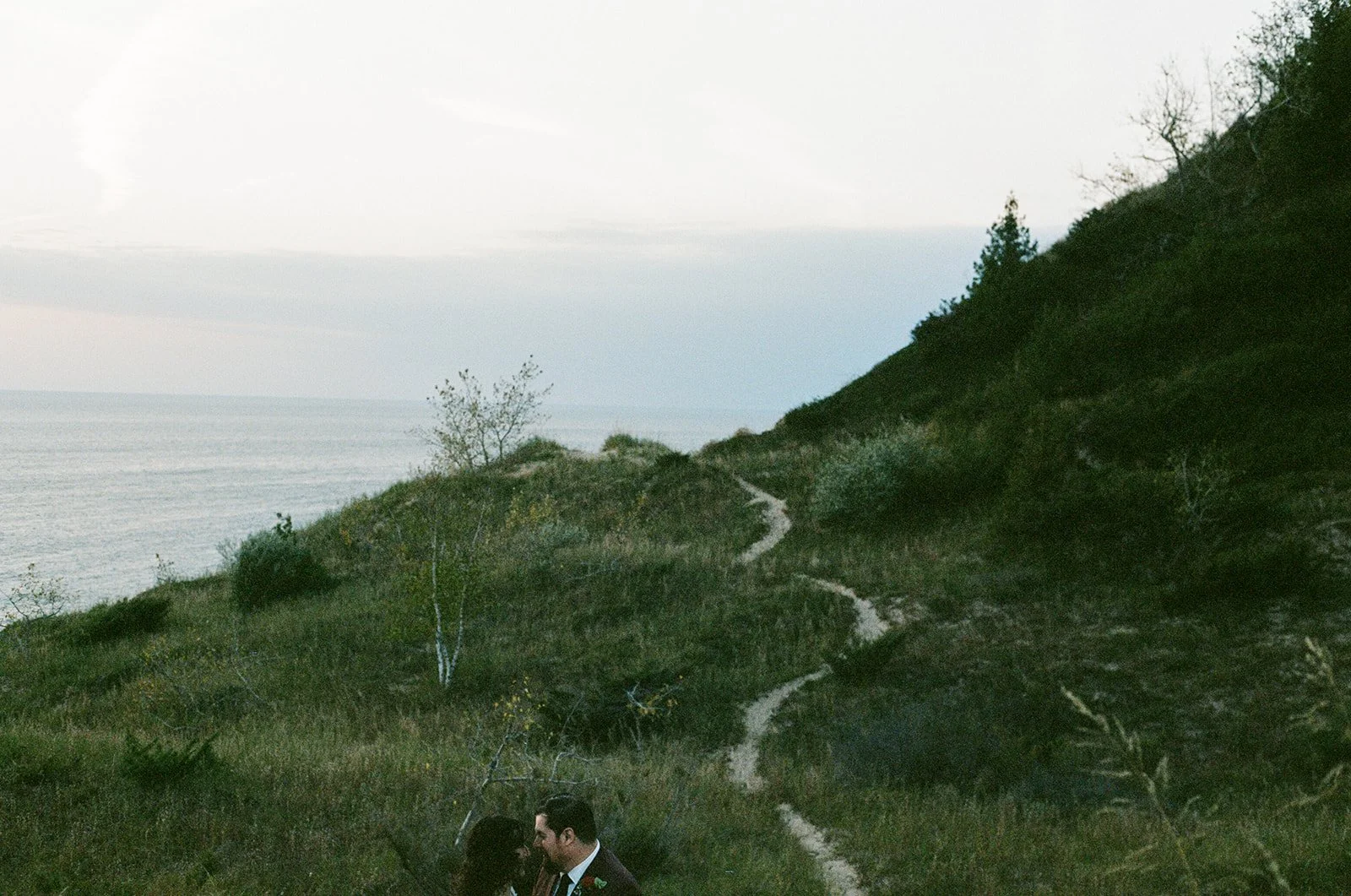 A couple in wedding attire standing on a grassy hillside near the ocean, with a narrow dirt trail winding up the slope and trees in the background.