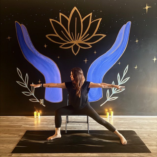 Chair strength class for active older adults at Gypsy Rising Yoga in Pekin, Illinois.