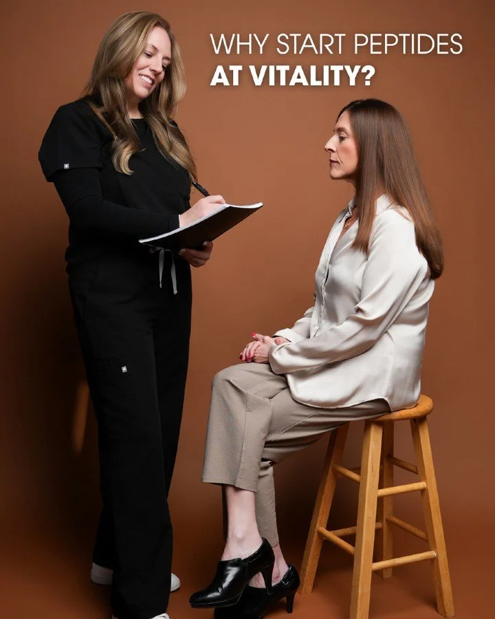 Why start peptides at Vitality?
Because guidance matters.

Peptides aren&rsquo;t a trend. They&rsquo;re powerful signaling molecules that support healing, metabolism, energy, fat loss, recovery, longevity, and more, when used correctly.

At Vitality 