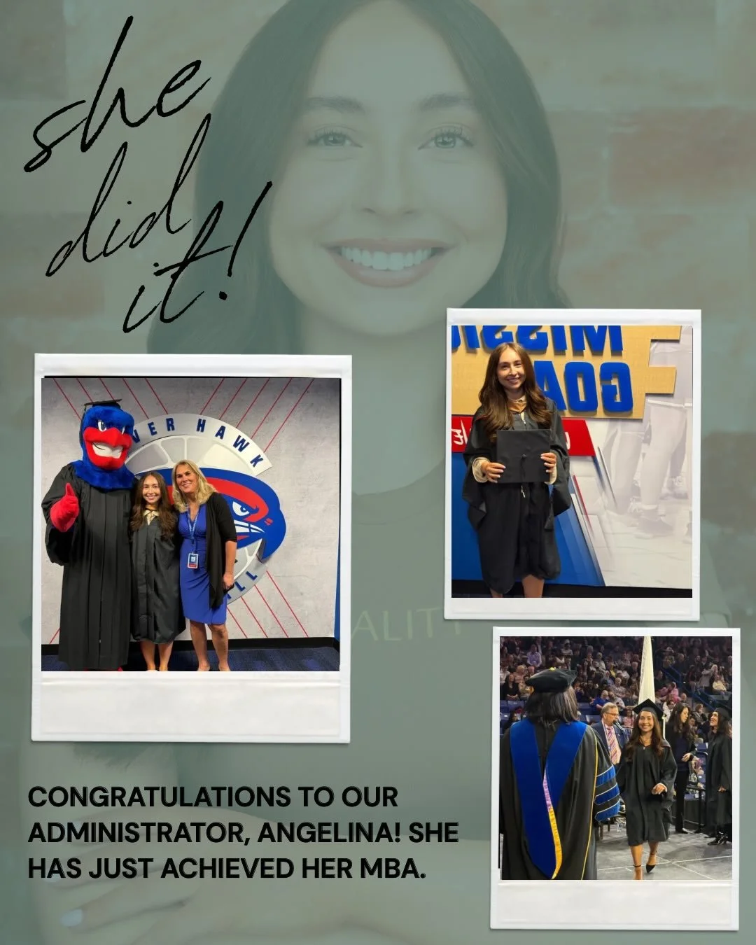 She did it 🎓✨

Please join us in congratulating our amazing administrator, Angelina, on earning her MBA! Your hard work, dedication, and commitment continue to inspire everyone around you. We are beyond proud of this incredible accomplishment and ca