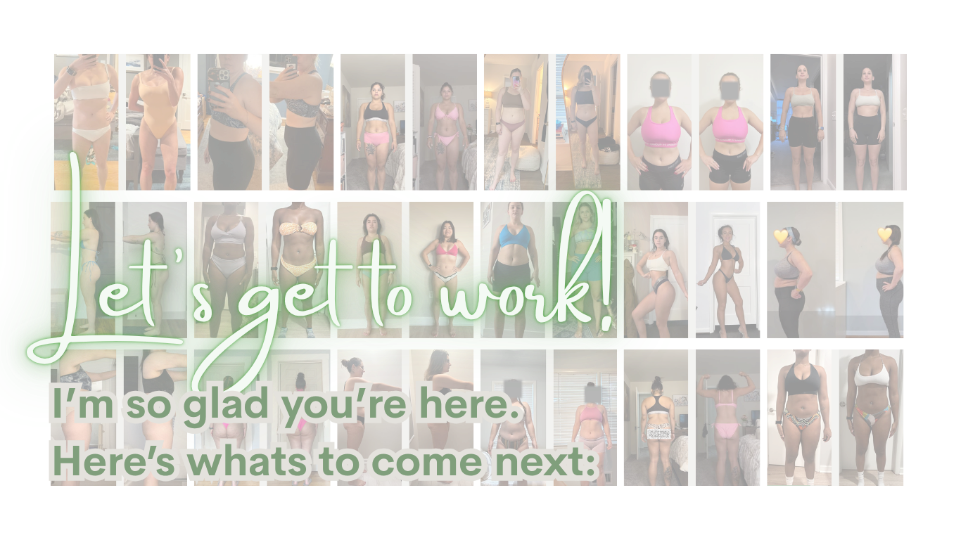 Collage of women in workout clothing, with overlaid text: "Let's get to work! I'm so glad you're here. Here's what's to come next."