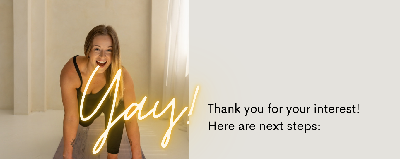 A smiling woman in black workout attire leaning forward with her hands on the floor in a bright room, with a large glowing 'Yay!' text overlay.
