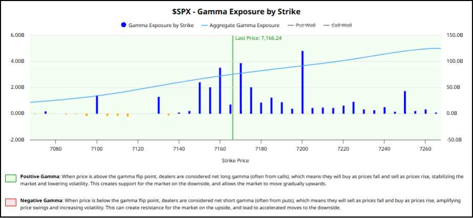Figure 11: Gamma expected to flip to negative at SPX 6,973.90 as of this writing. “Gamma Flip” levels change moment by moment. Source: Barchart.com.