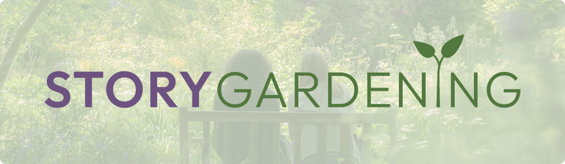 logo of StoryGardening by Rachel Zant over green-overlaid image