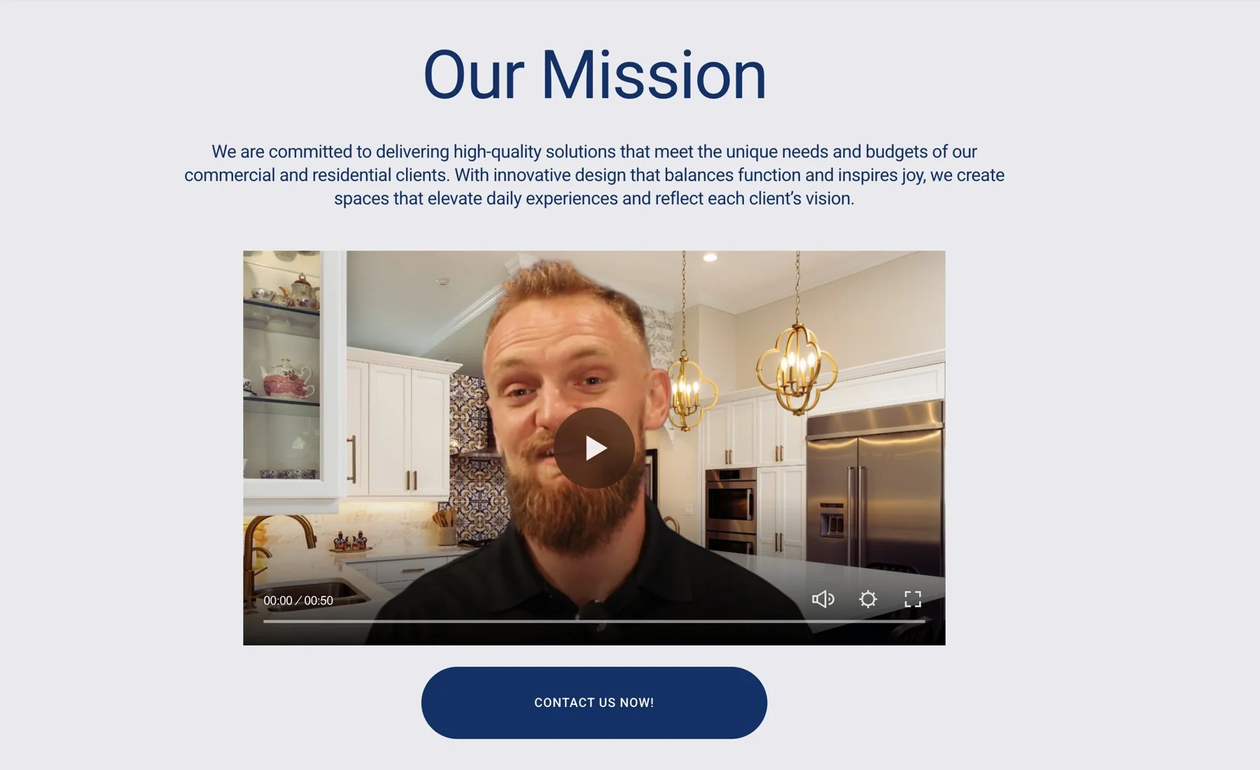 Penn Construction Our Mission section with the company story video and a contact buttonPenn Construction About Us page with the founder introduction video
