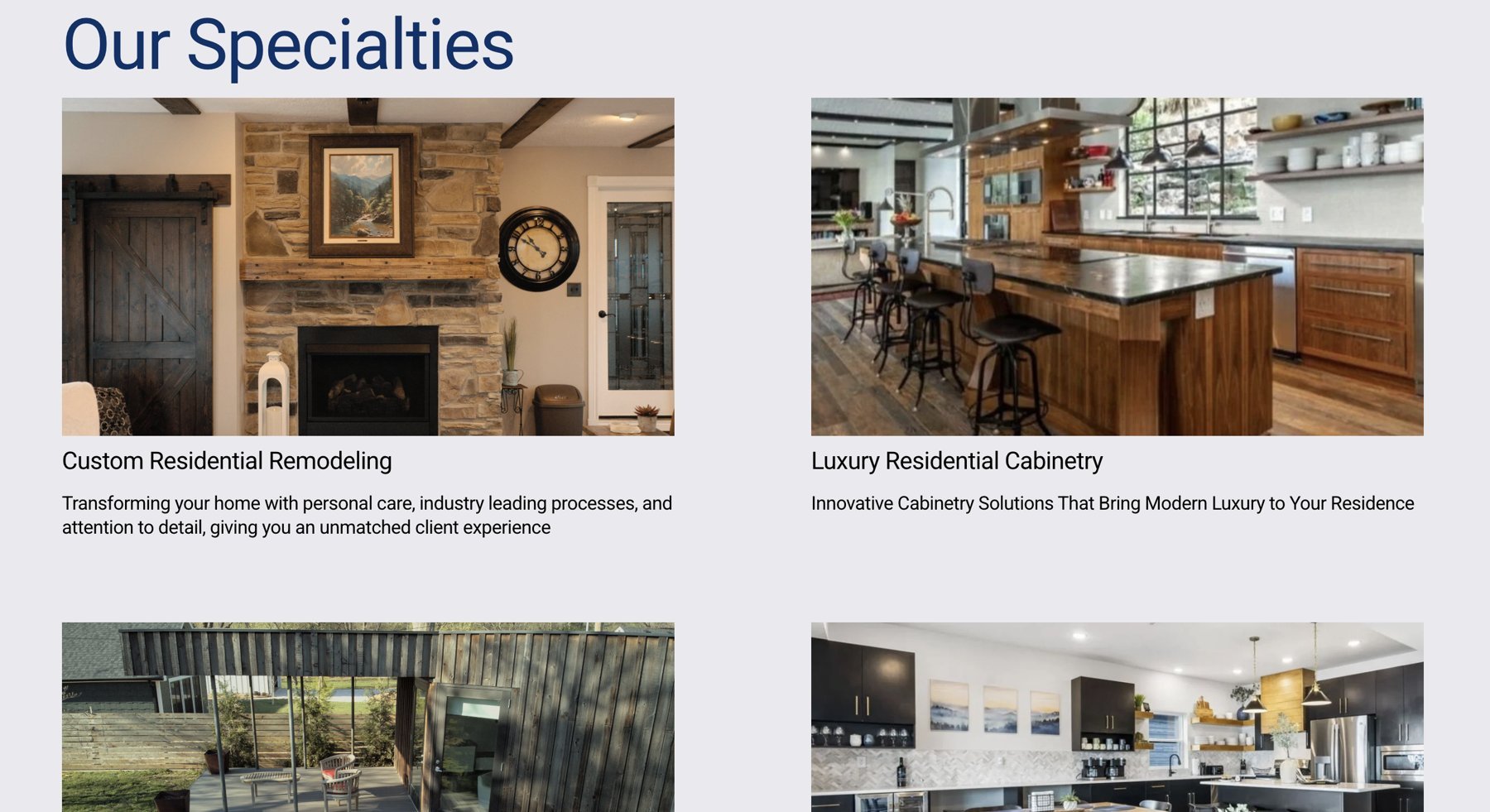 Penn Construction Our Specialties section with residential remodeling and cabinetry servicesPenn Construction website Our Specialties section showing custom residential remodeling and cabinetry services