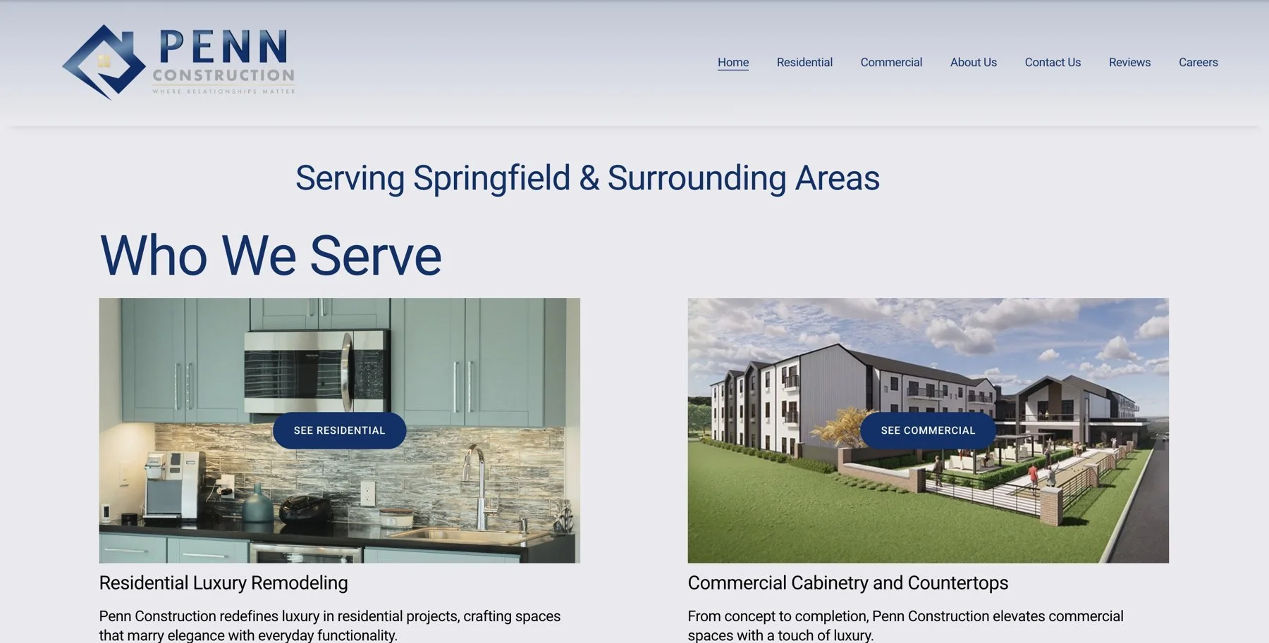 Penn Construction home page showing the Who We Serve paths for residential and commercial clientsPenn Construction home page Who We Serve section with separate paths for residential and commercial clients