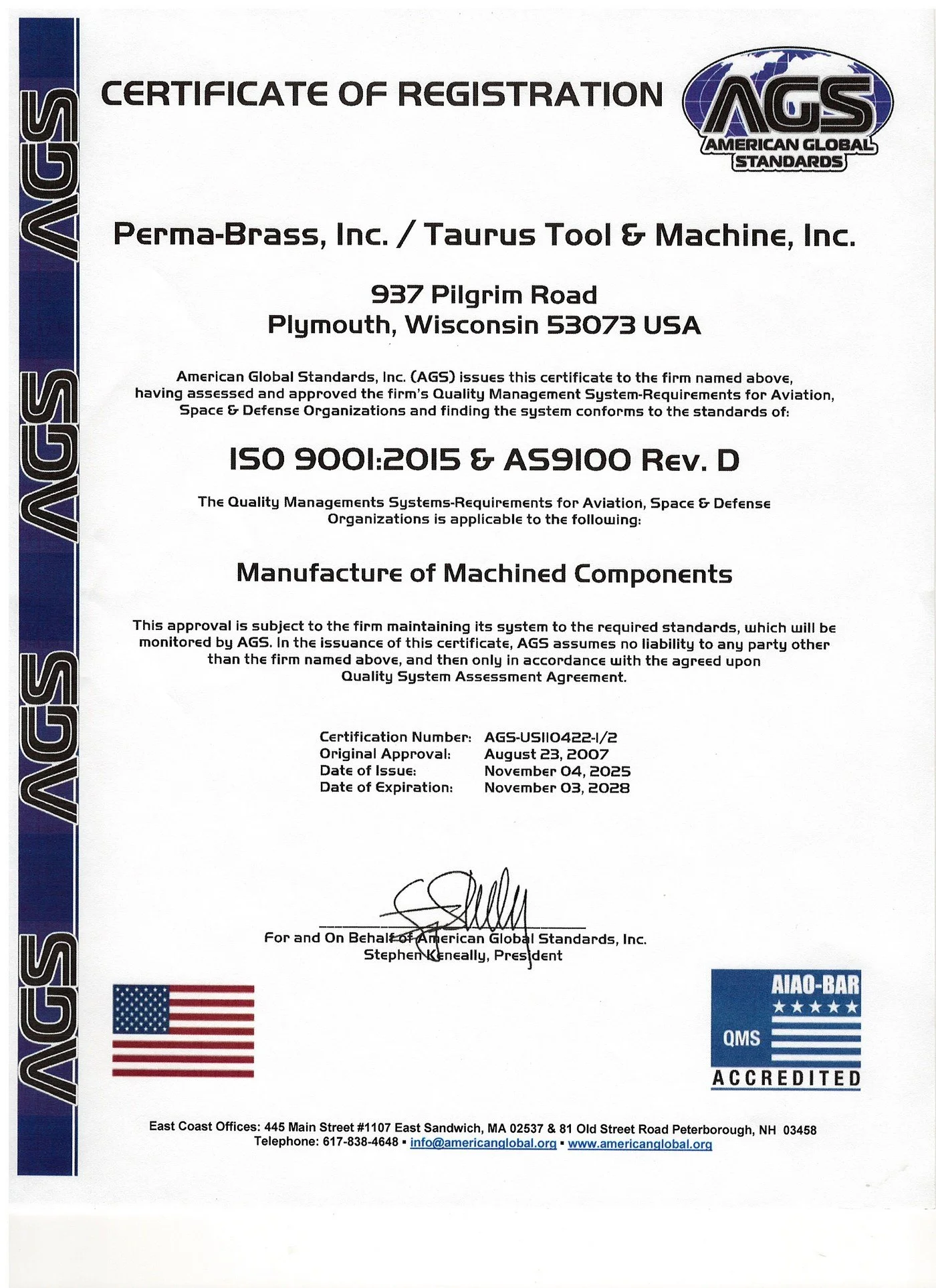 ISO 9001:2015 and AS9100:2016 Rev D certificate from American Global Standards, valid through Nov 3, 2028.