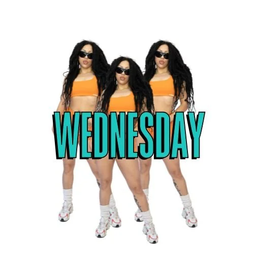 Triplicate image of a woman in bright workout clothes, sneakers, and sunglasses with the text "WEDNESDAY".