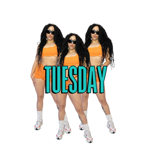 Triplicate image of a woman in bright workout clothes, sneakers, and sunglasses with the text "TUESDAY".
