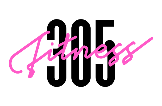 main 305 Fitness logo - the numbers "three-zero-five" in bold black font with the word "Fitness" overlaid in fun, hot pink script