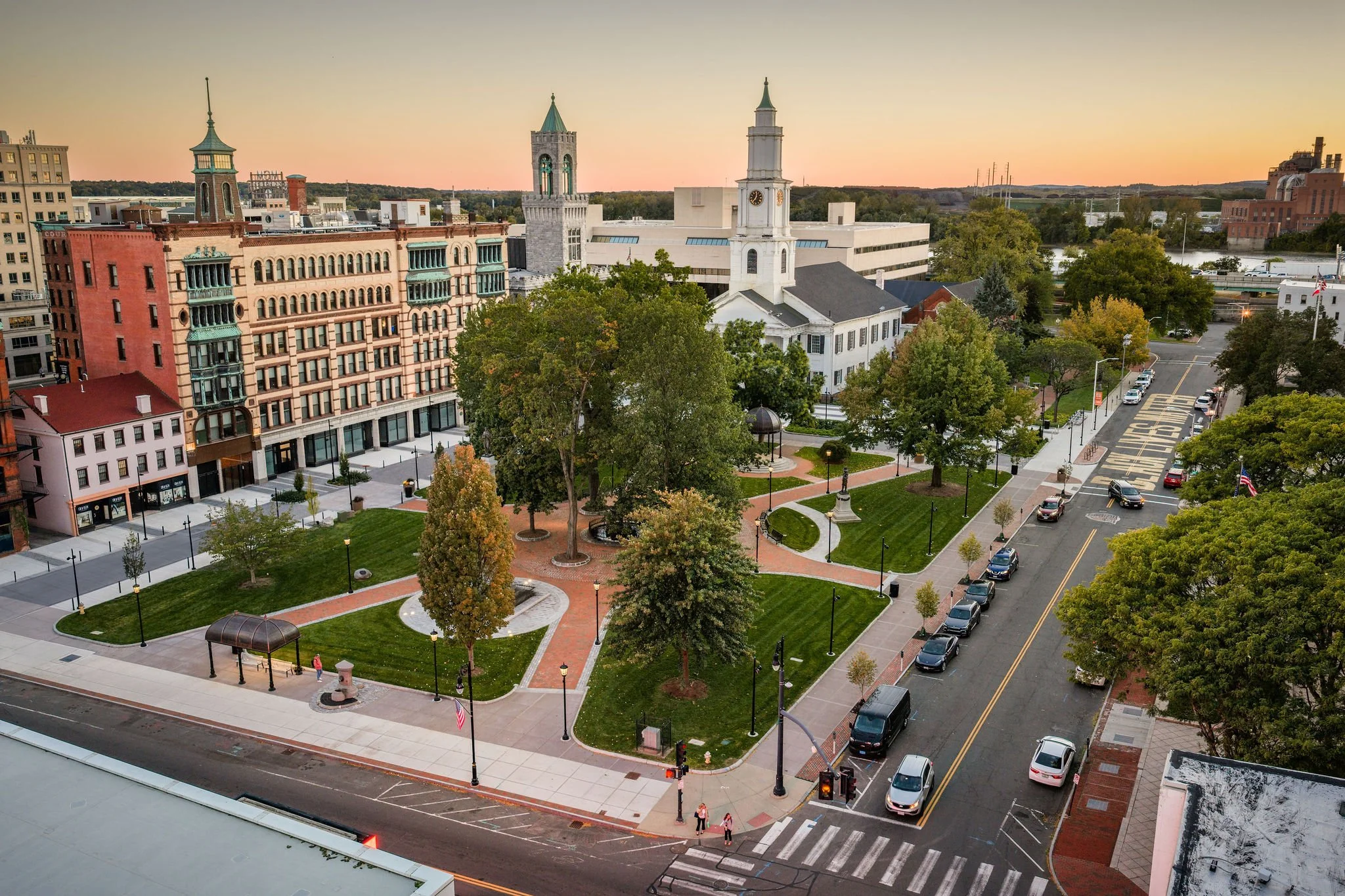 Court Square drone - park at dusk