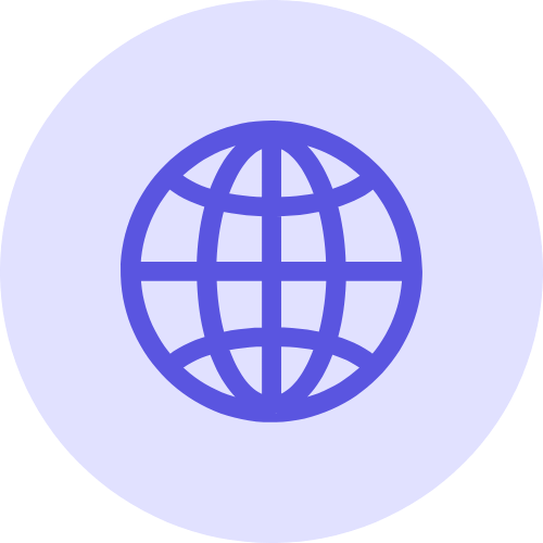 Global network icon with a globe inside a circle on a light purple background.
