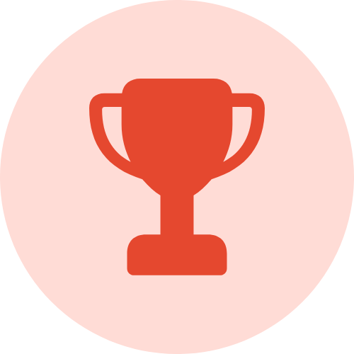 Red trophy icon on a pink circular background.