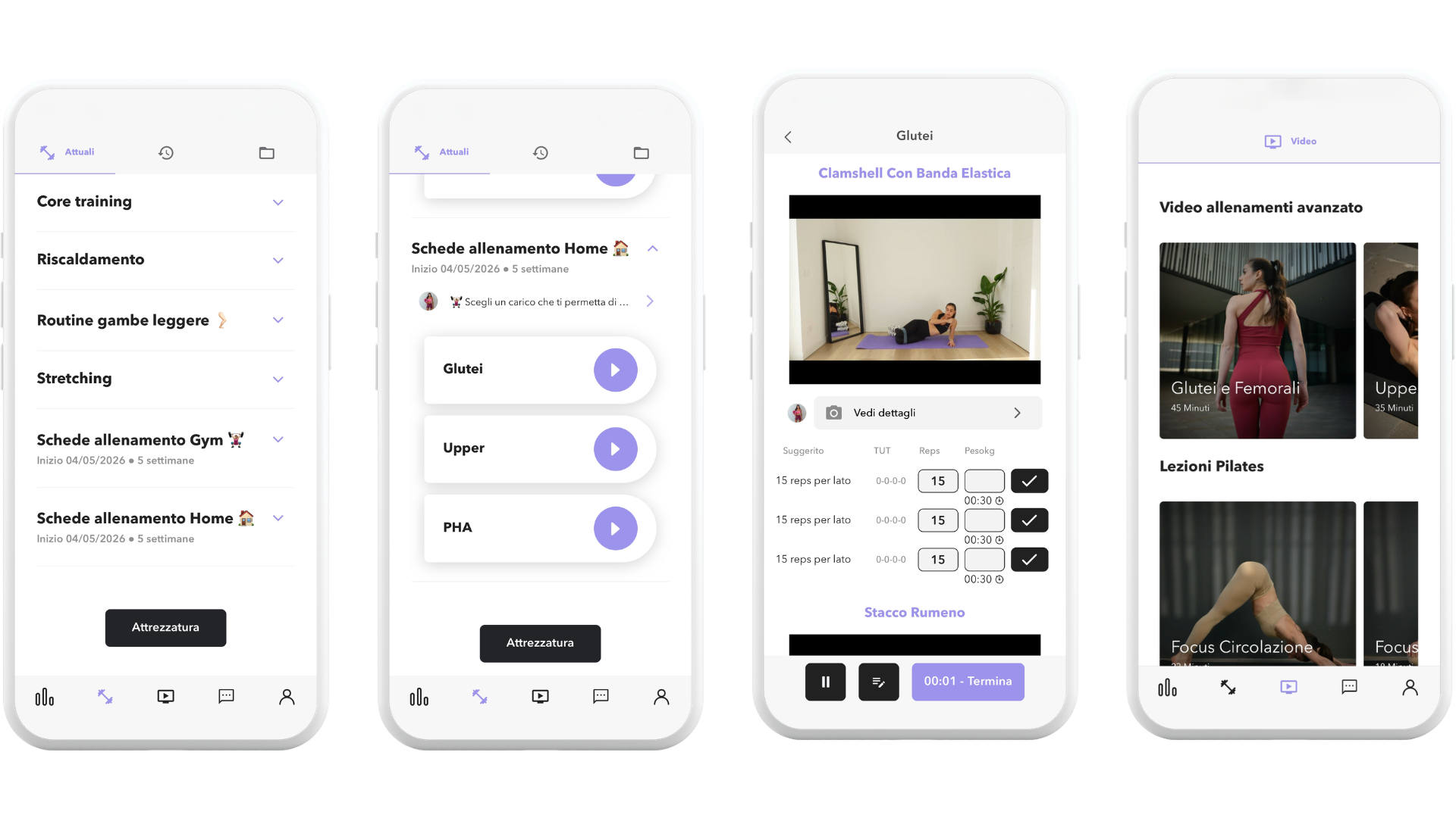 Schermate di un'app di allenamento fitness che mostra programmi di esercizi, video di allenamento, schede di esercizi e sessioni di stretching. L'interfaccia utilizza icone e testo in italiano.