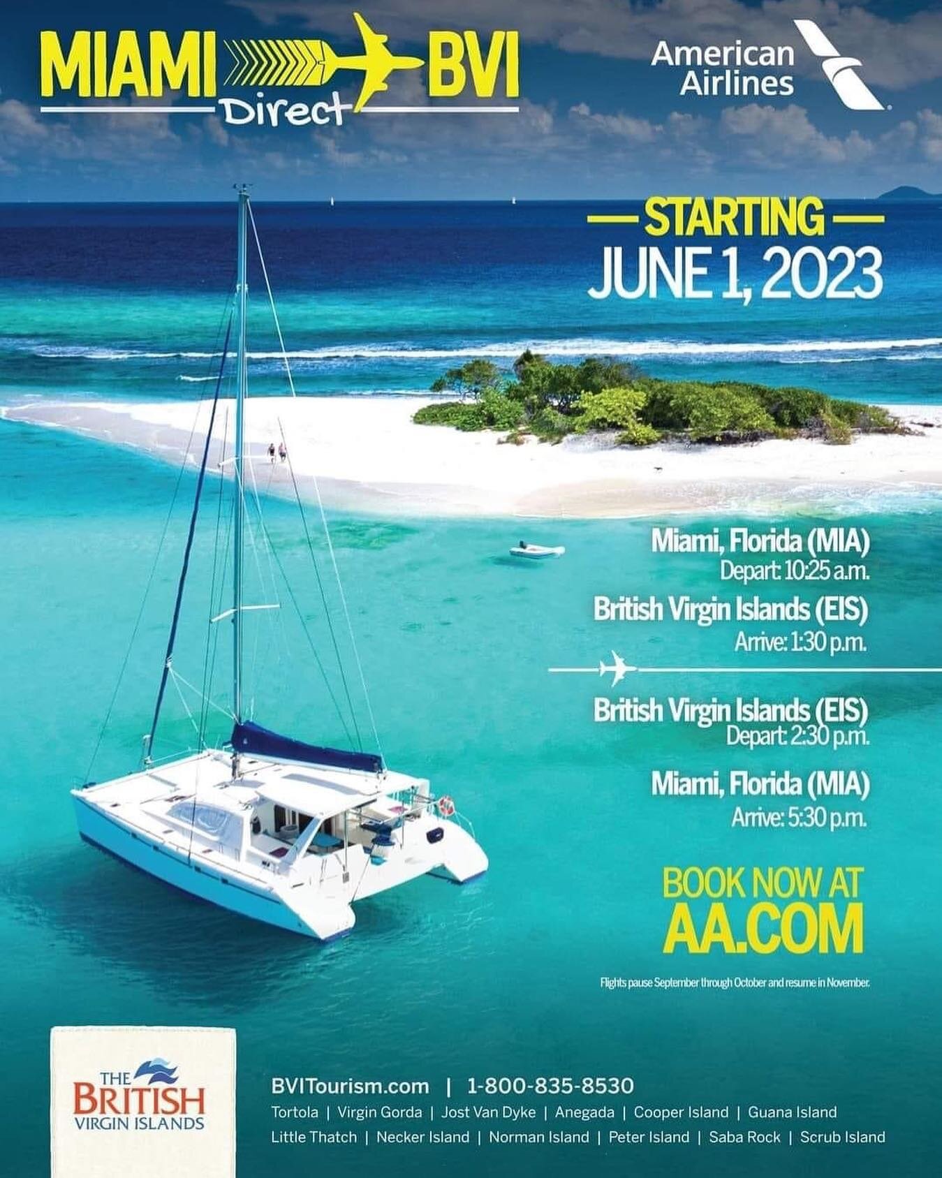 REMINDER |  Direct flights to the BVI from Miami starting June 1 

Keep in mind when planning your travel for your charter @clearwaterpassages 

#bviupdate #bvitravel #miamitravel #easytravel #virginislands #americanairlines #directflight #beautifuld